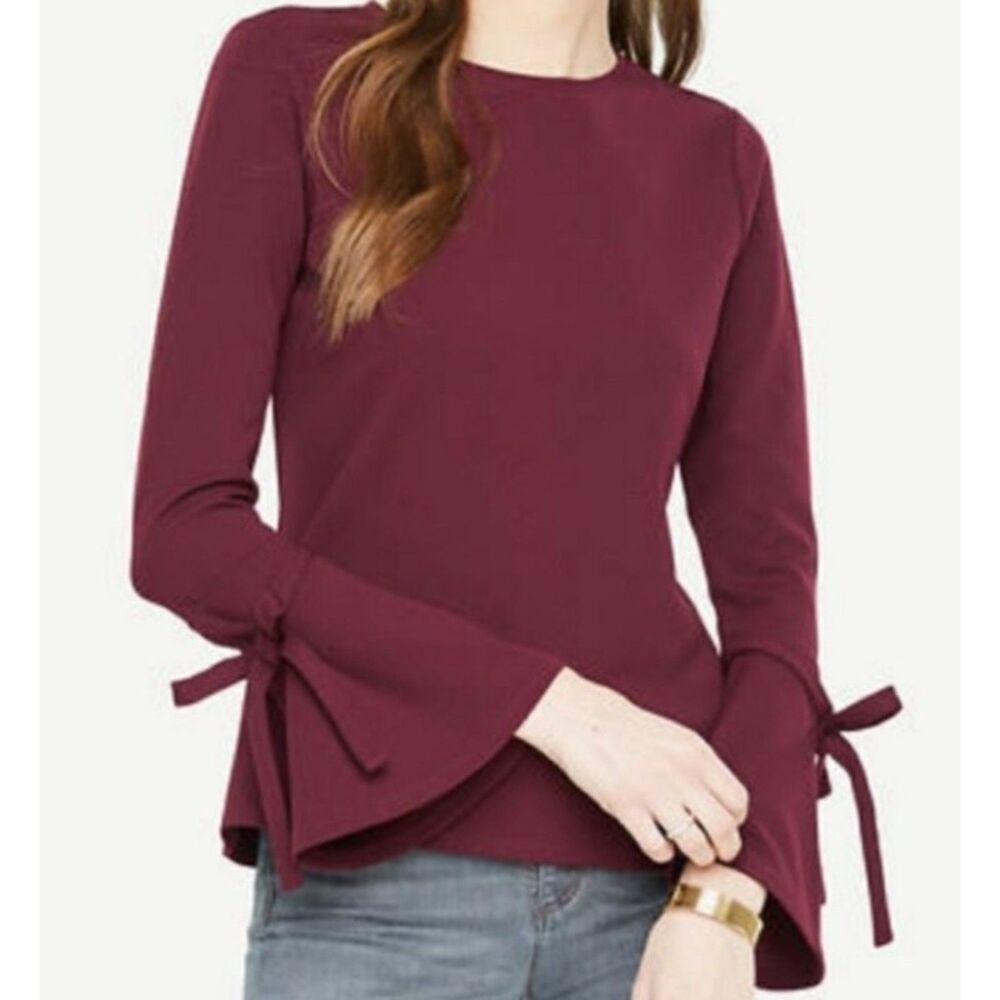 Ann Taylor Burgundy Maroon Long Sleeve Blouse Top Bell sleeves Bows Size Medium